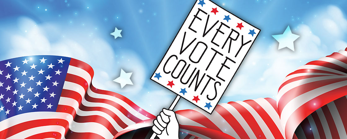 Illustration of a hand holding a sign saying "Every Vote Counts" with American flags behind it