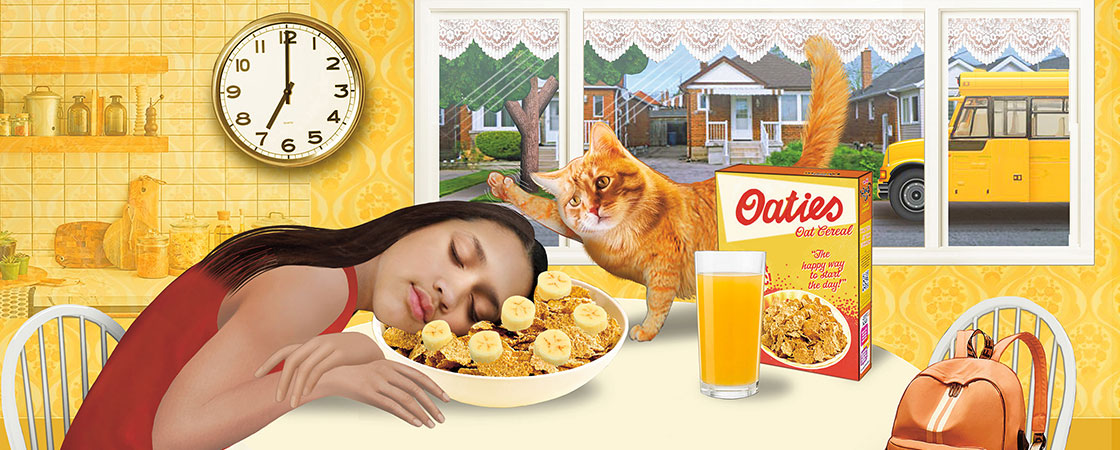 drawing of a girl falling asleep on her cereal while her cat pets her