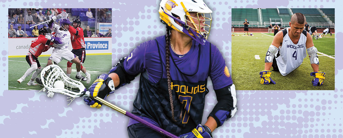 A man in lacrosse gear between two images of lacrosse players preparing for and playing a game