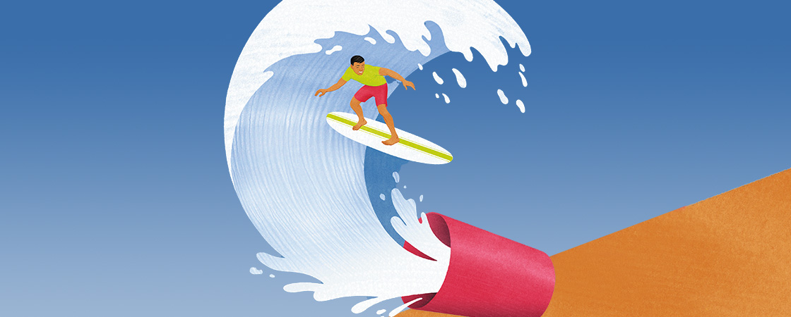 Illustration of a person surfing through milk spilled out of a red cup