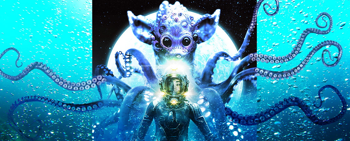 Illustration of an alien octopus creature facing off a diver