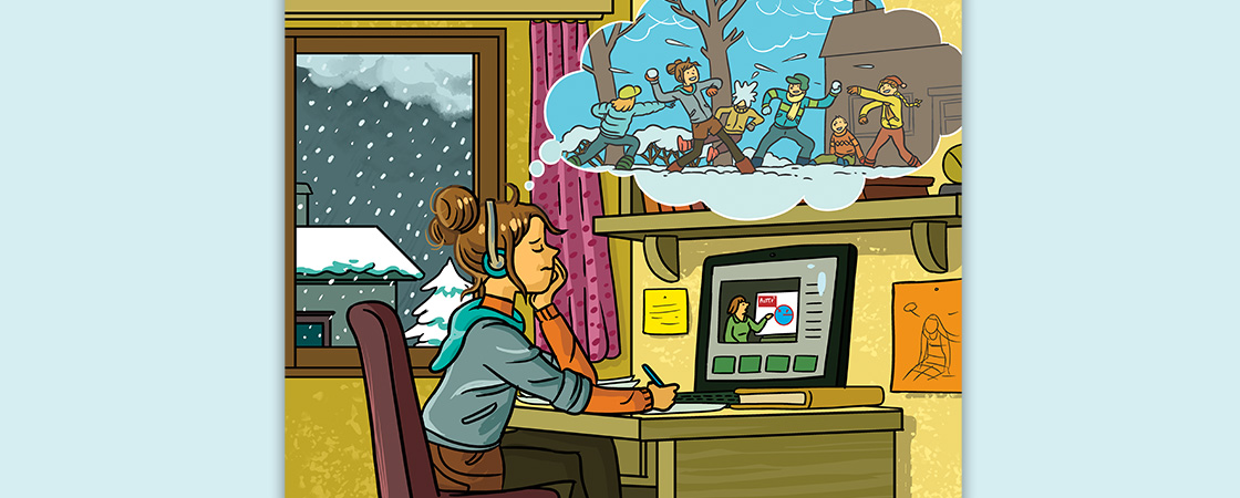 Illustration of a student working online while daydreaming about having snowball fight