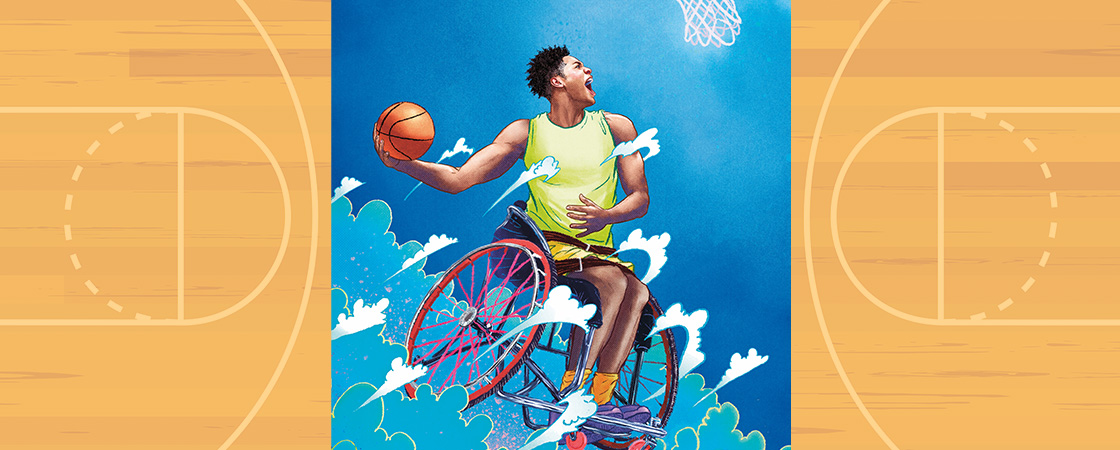 Illustration of a person playing basketball in a wheelchair