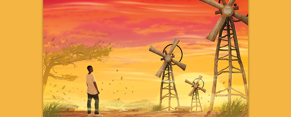 Illustration of a person in a field with three windmills