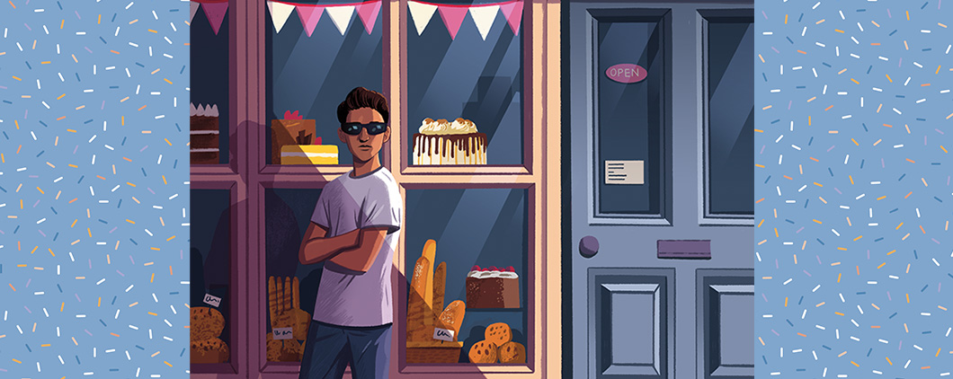 Illustration of person standing in front of a bakery and wearing sunglasses