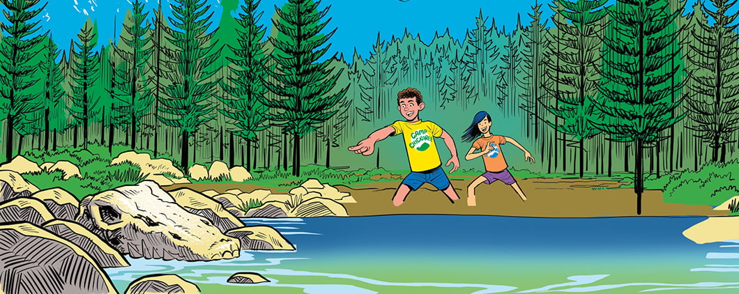 Illustration of two teens pointing across a river from a forest