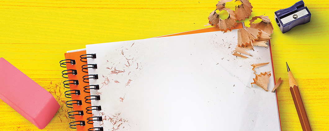 Image of a notebook, pencil, and eraser