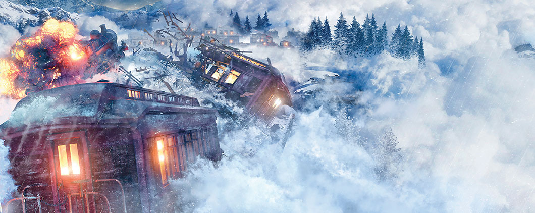 Illustration of an avalanche of snow crashing into a train