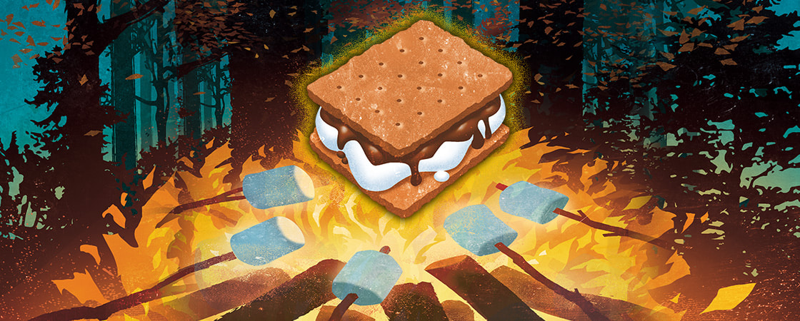 Illustration of a S&apos;more in a forest surrounded by marshmallows on sticks