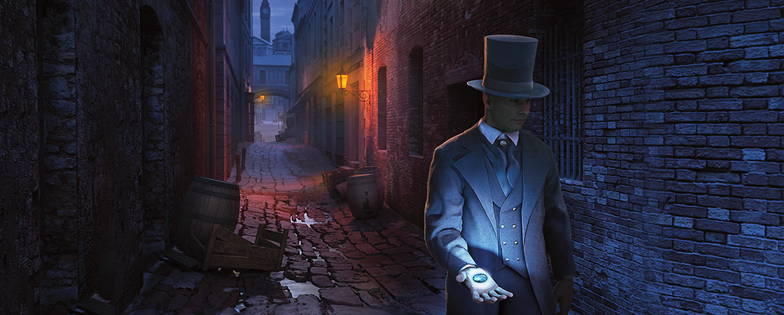 Illustration of a man wearing a top hat in an alley with a blue jewel in hand