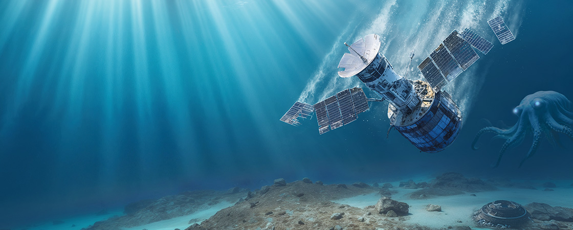 Digital image of satellite crashing to ocean floor