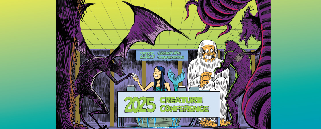 Illustration of the sign-up booth for the 2025 Creature Conference