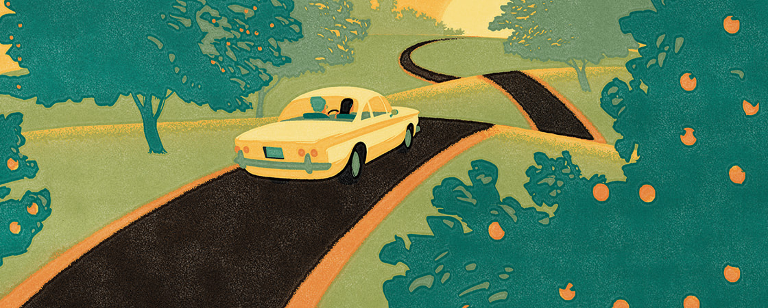 Illustration of car riding on a country road