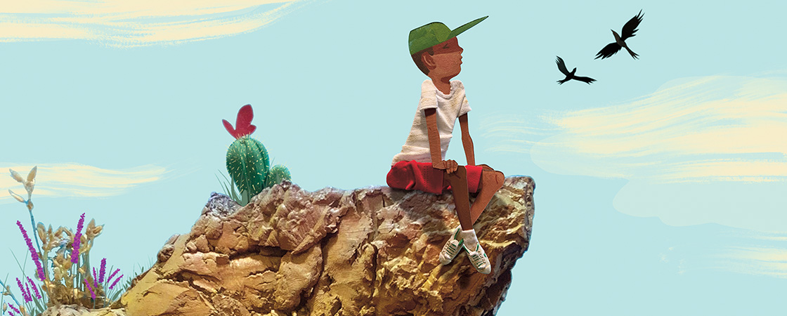 Illustration of child sitting on a rock with birds flying around