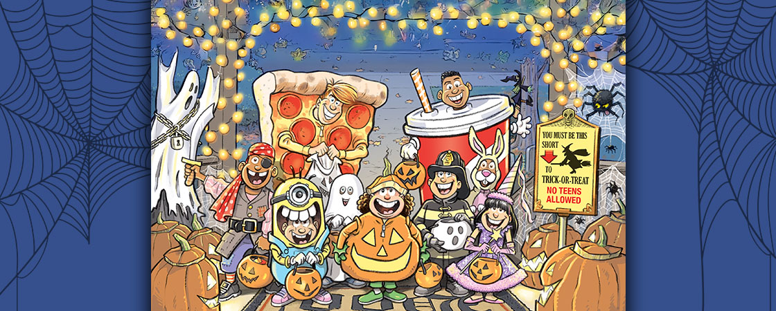 Illustration of people wearing costumes at a Halloween party