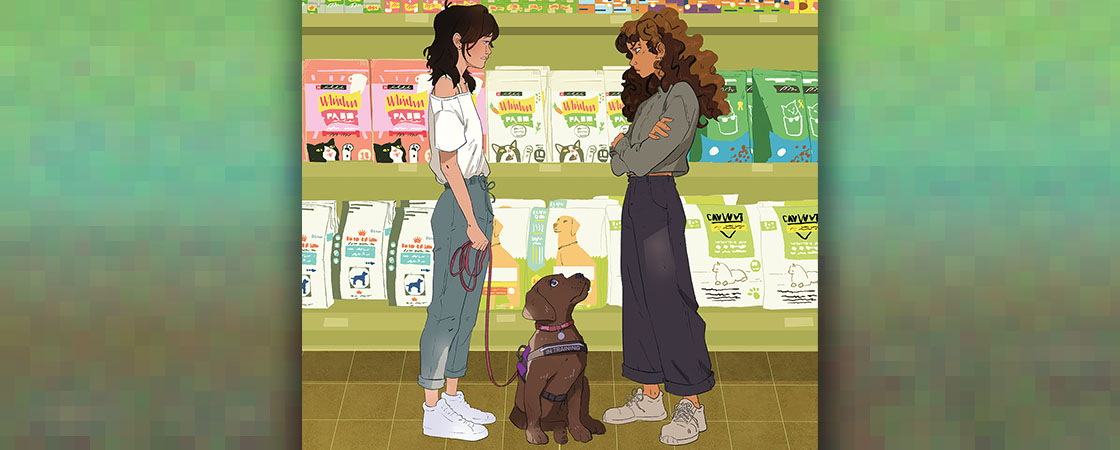 Illustration of two friends standing with dog