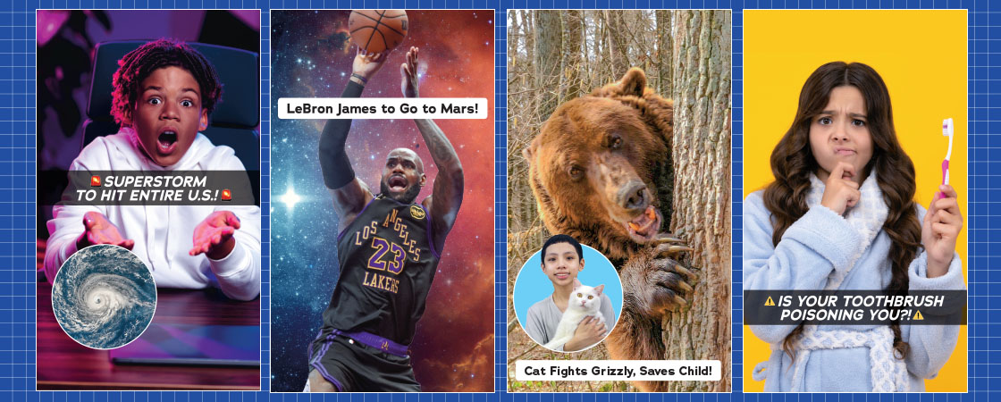 Collage of four sensational fake news headlines designed to illustrate clickbait and misinformation