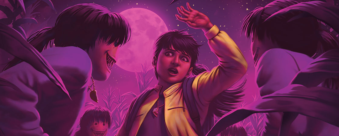A boy raises one arm and recoils as shadowy figures with sharp grins surround him under a full moon