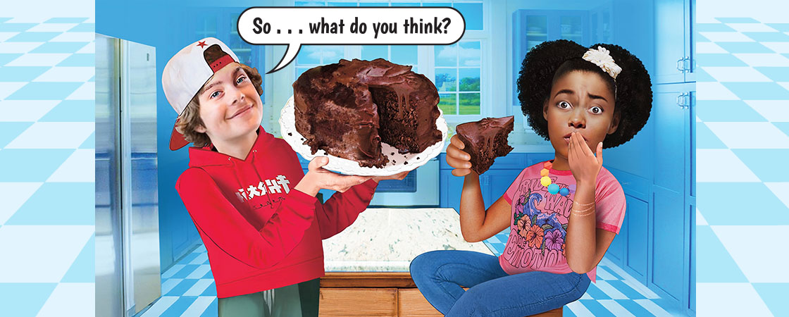 A boy holds a chocolate cake toward a girl who tastes a slice and looks uncertain