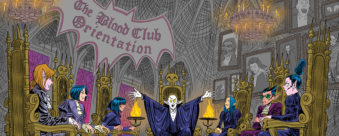 Cover of The Blood Club Orientation, a vampire in a tuxedo addresses a group of young vampires in a gothic hall