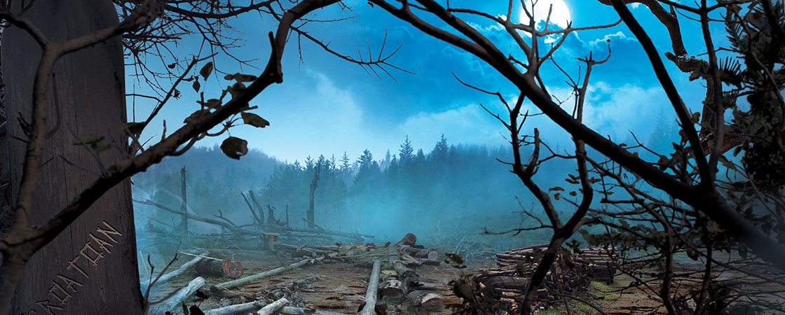 A misty forest clearing with fallen logs, bare branches, and the word Croatoan carved into a tree