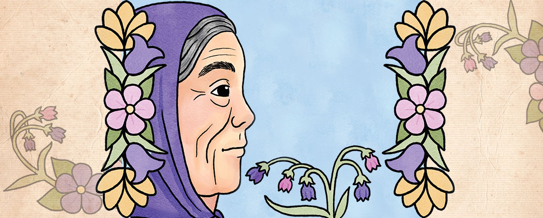 An older woman in profile faces small bell-shaped flowers, surrounded by a floral border