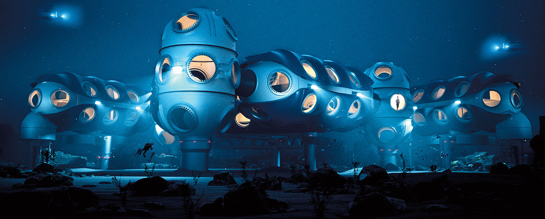 A futuristic underwater habitat with connected spherical modules and glowing circular windows on the ocean floor